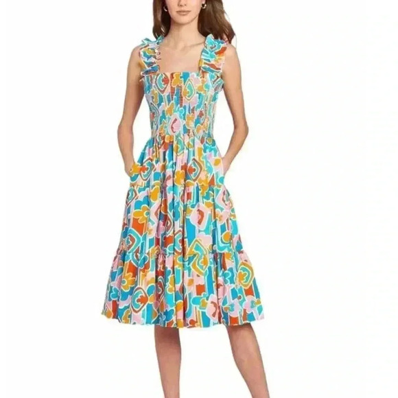 NWOT Amanda Uprichard Adelene Smocked A-Line Midi Dress Miami Print S - Picture 1 of 4
